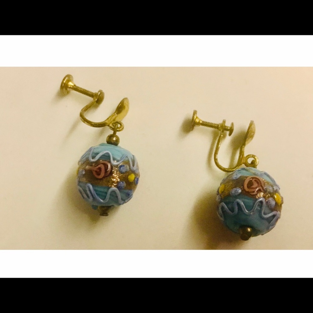 New Earrings Handmade Artist Blue Balls Gold Glitter Screw Back 2” Circumference